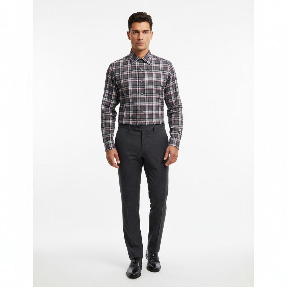 Mirto NWT Men's Shirt XL Plaid Purple Grey Textured Cotton Spain Retail $199